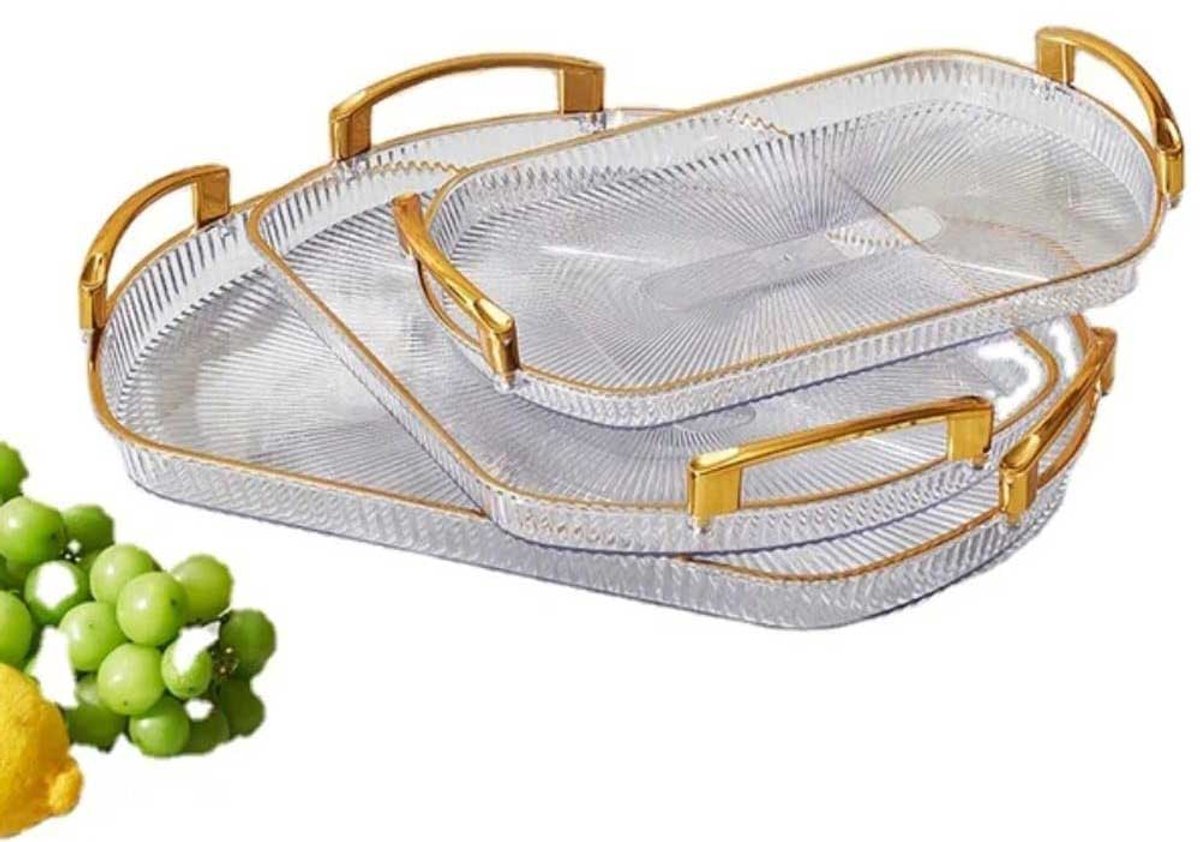 Hauskraft Dienbladen Set - 3 - delig - Acryl - Transparant/Goud - Dienblad - Rechthoek - TEKZEN