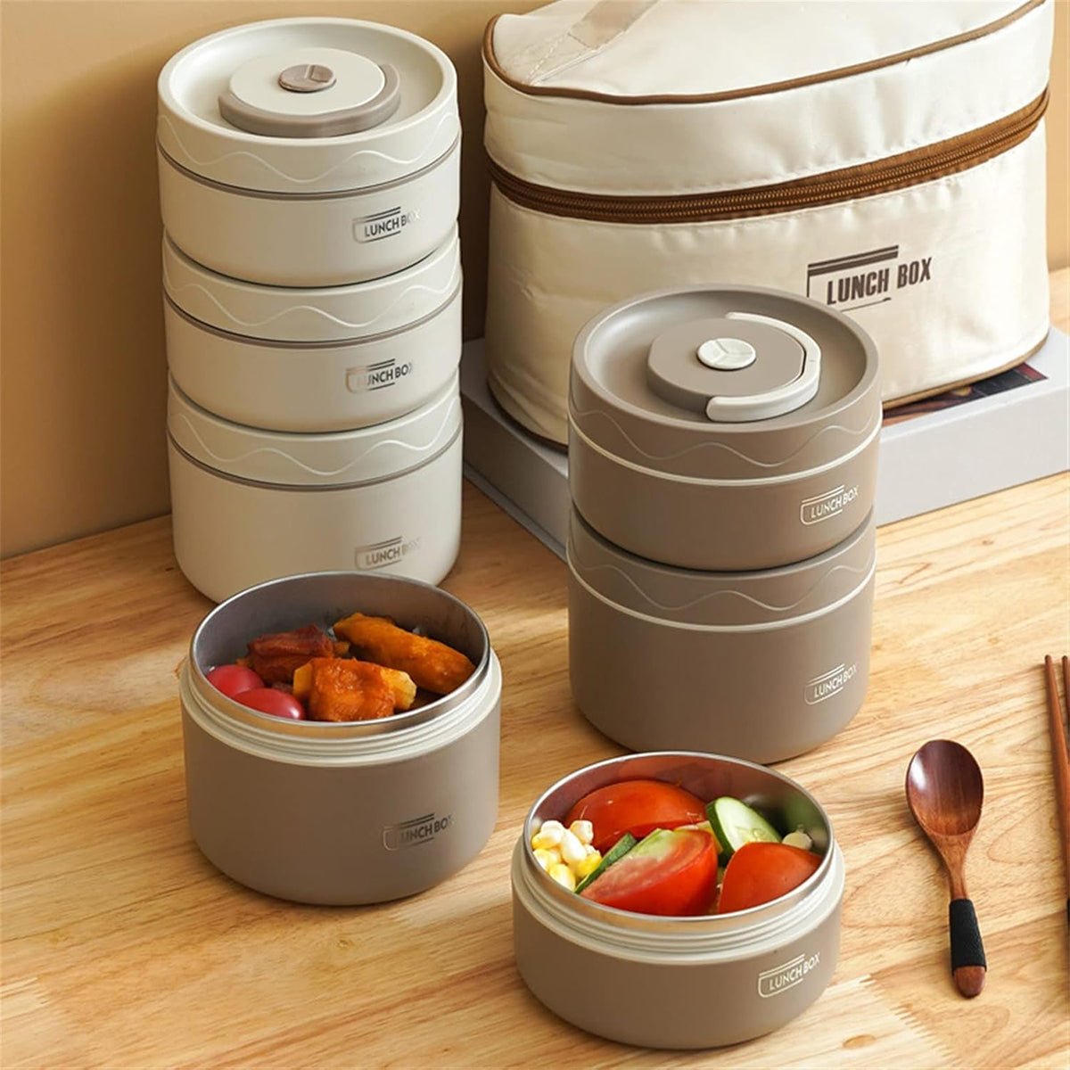 Hauskraft Thermische Lunchbox Set – 5 - delig - RVS – Lekvrij & Isolerend – Bruin - TEKZEN