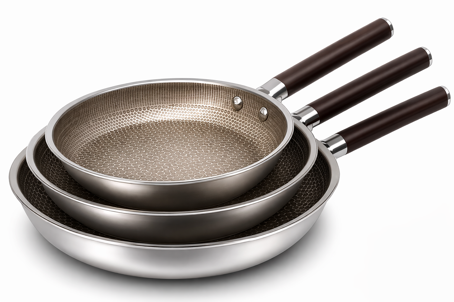 Cheffinger Koekenpannen Set - 3-delig - 20, 24, 28cm - RVS - Inductie - Super Reliëf - Stof-Touch Handgreep met Houtlook