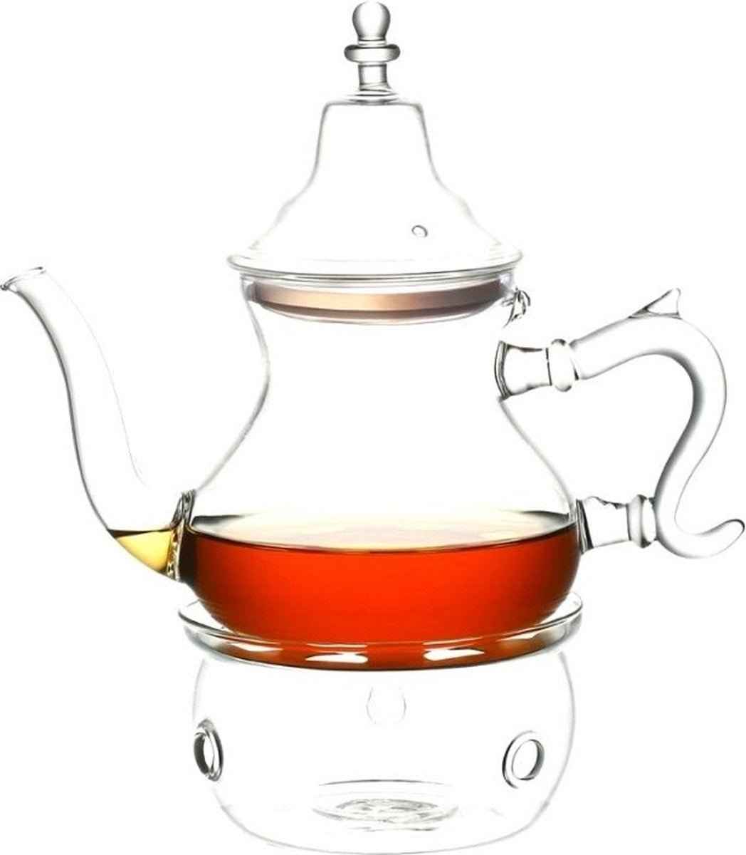 Kadirelli Glazen Theepot met Filter en Theelicht Warmhouder Set - Borosilicaat Glas - RVS Zeef - 0.65ml
