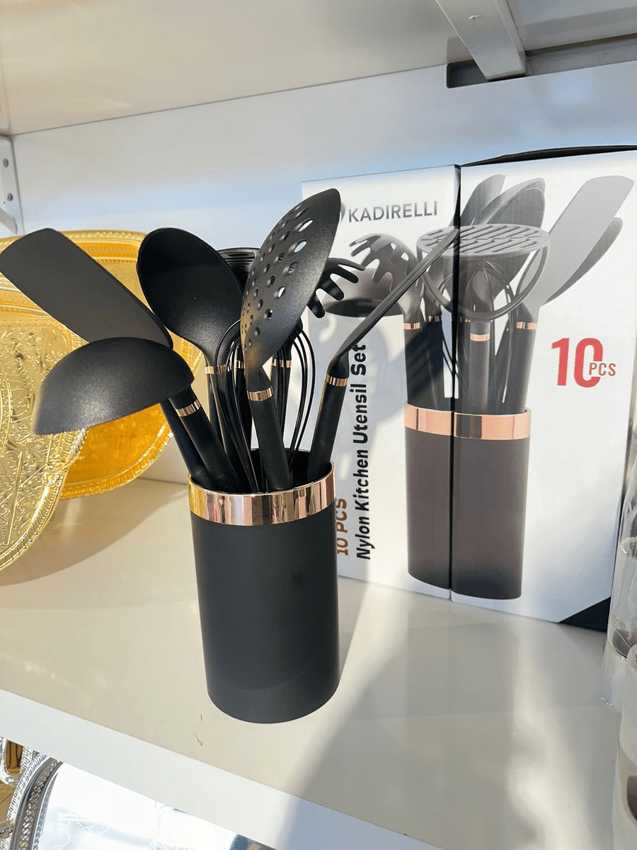 Kadirelli Keukengerei Set 10 - delig met Houder - Keukengerei Set - Zwart / Rosé Goud - TEKZEN