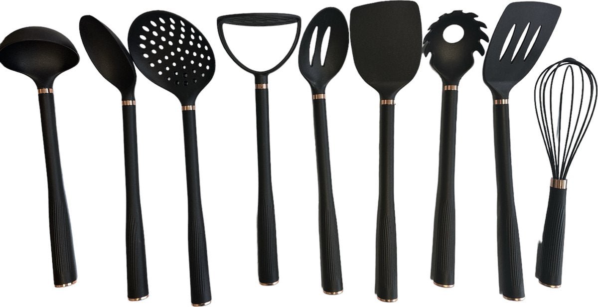 Kadirelli Keukengerei Set 10 - delig met Houder - Keukengerei Set - Zwart / Rosé Goud - TEKZEN