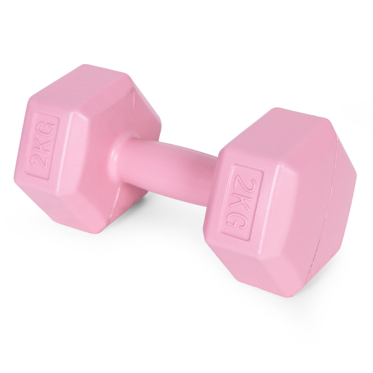 ModernHome hex dumbbellset 2 × 2 kg roze – zijaanzicht van één dumbbell