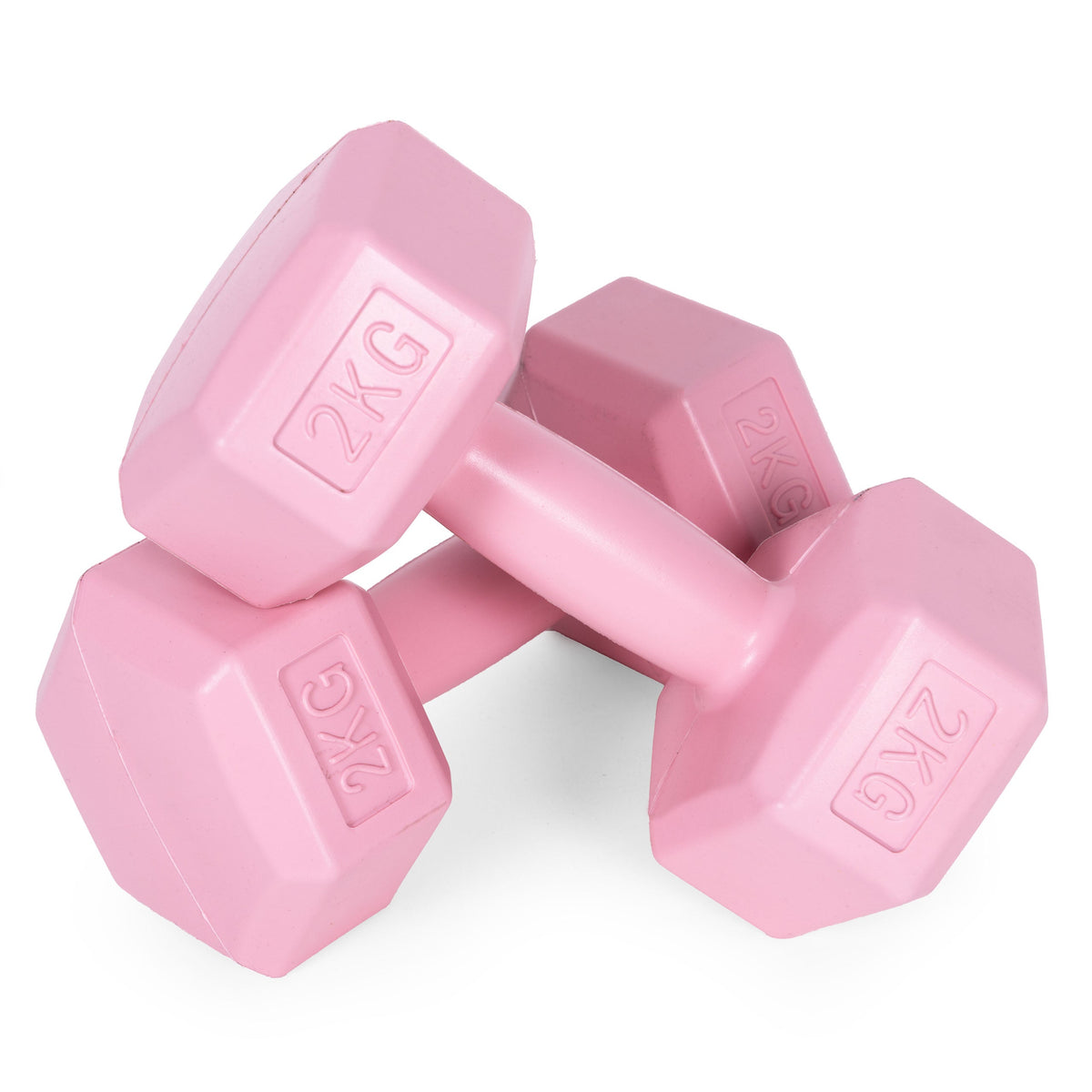 ModernHome hex dumbbellset 2 × 2 kg roze – detail van de handgreep en gewichten