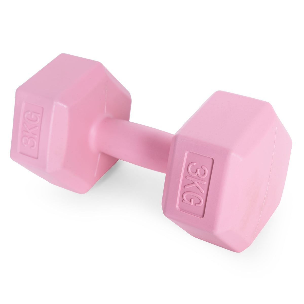 ModernHome hex dumbbellset 2 × 3 kg roze – zijaanzicht van één dumbbell