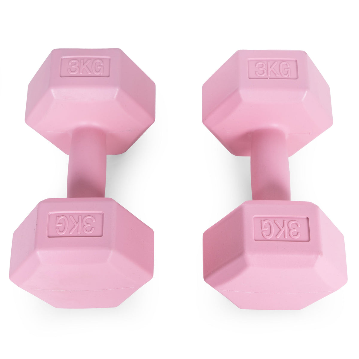 ModernHome hex dumbbellset 2 × 3 kg roze – twee dumbbells van bovenaf