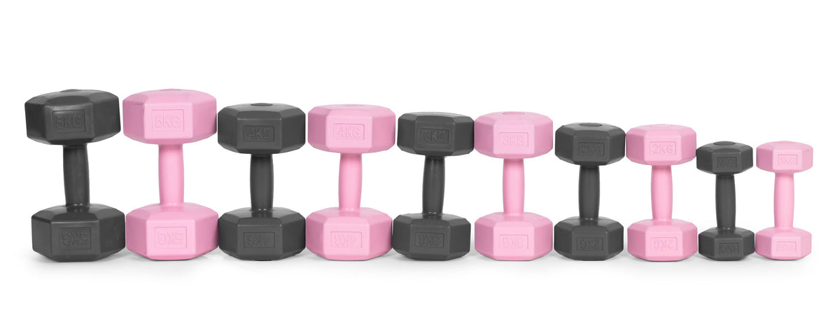 ModernHome hex dumbbellset 2 × 4 kg roze – overzicht van de beschikbare gewichten en kleuren