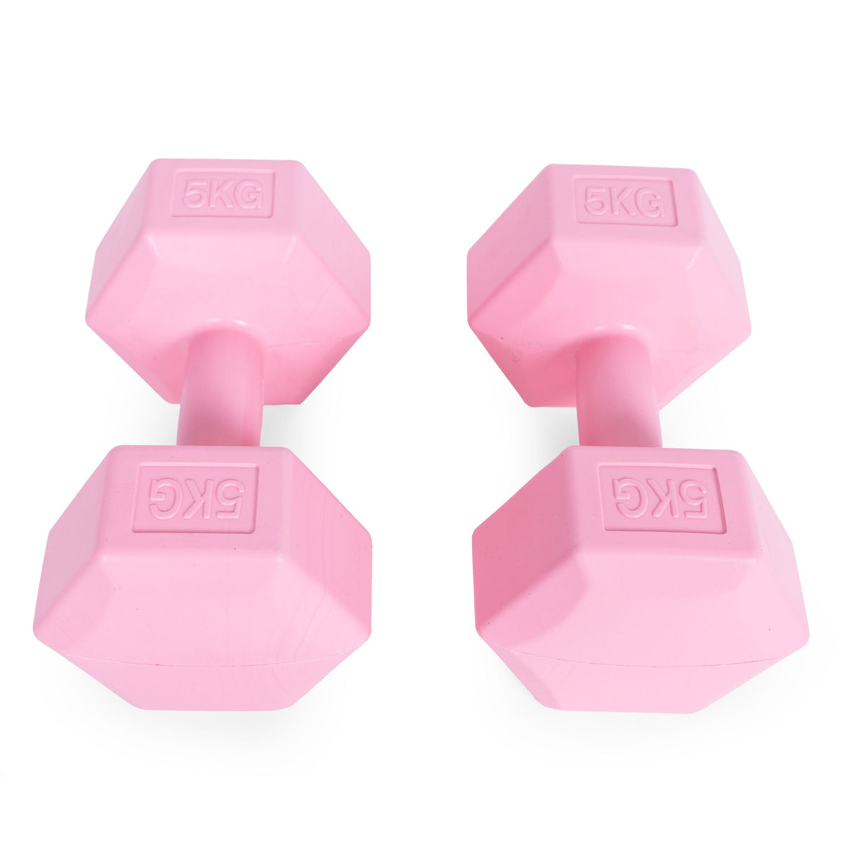 ModernHome hex dumbbellset 2 × 5 kg roze – twee dumbbells van bovenaf