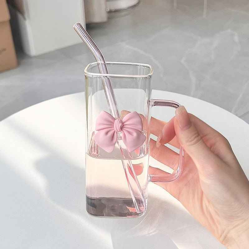 MONOO Glazen met Deksel, Roze Strik en Rietje - 6 Stuks - 400ml - Koffieglazen - Theeglazen - Waterglazen
