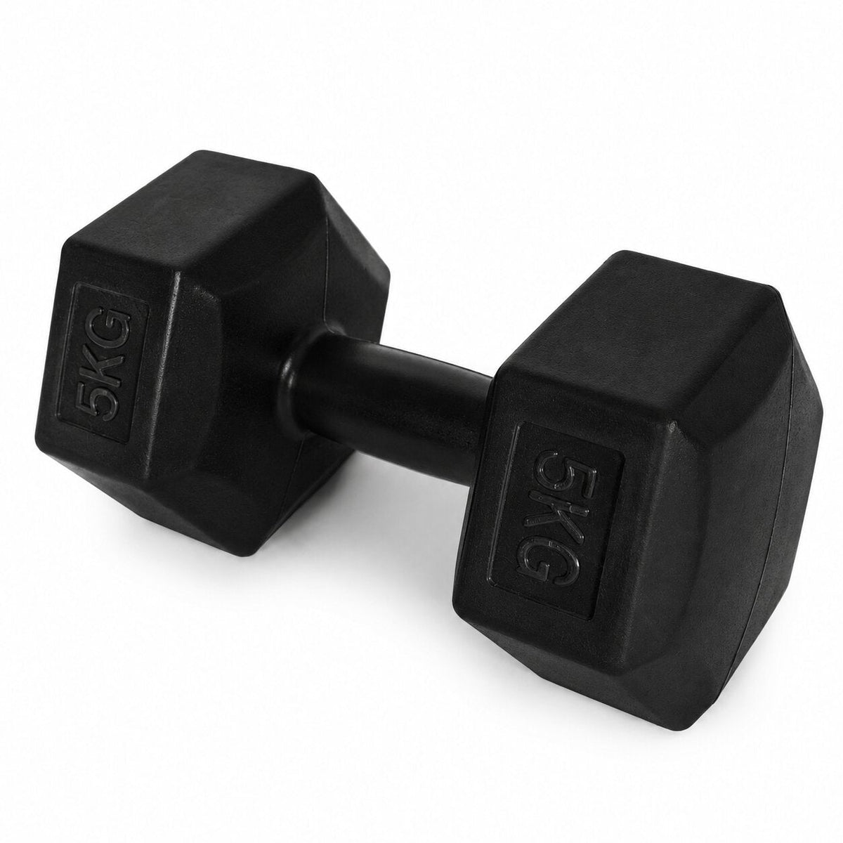 MovePro hex dumbbellset 2 × 5 kg zwart – zijaanzicht van één dumbbell
