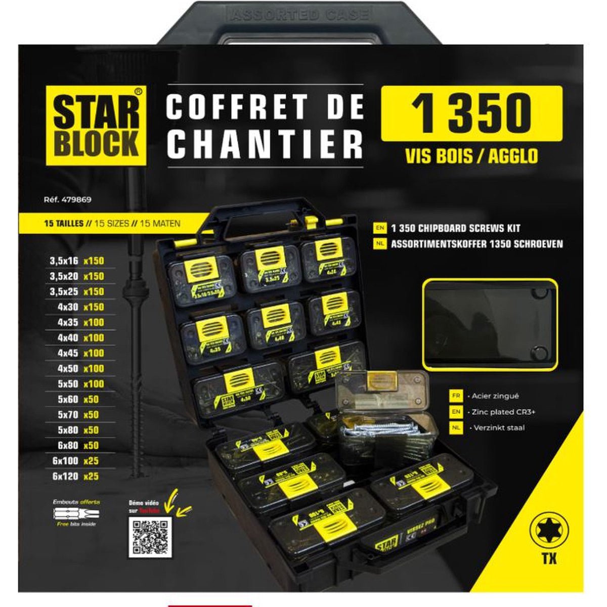 Starblock Assortimentskoffer - 1350 Spaanplaat Schroeven - Incl. Bithouder met 5 Bitjes - TEKZEN