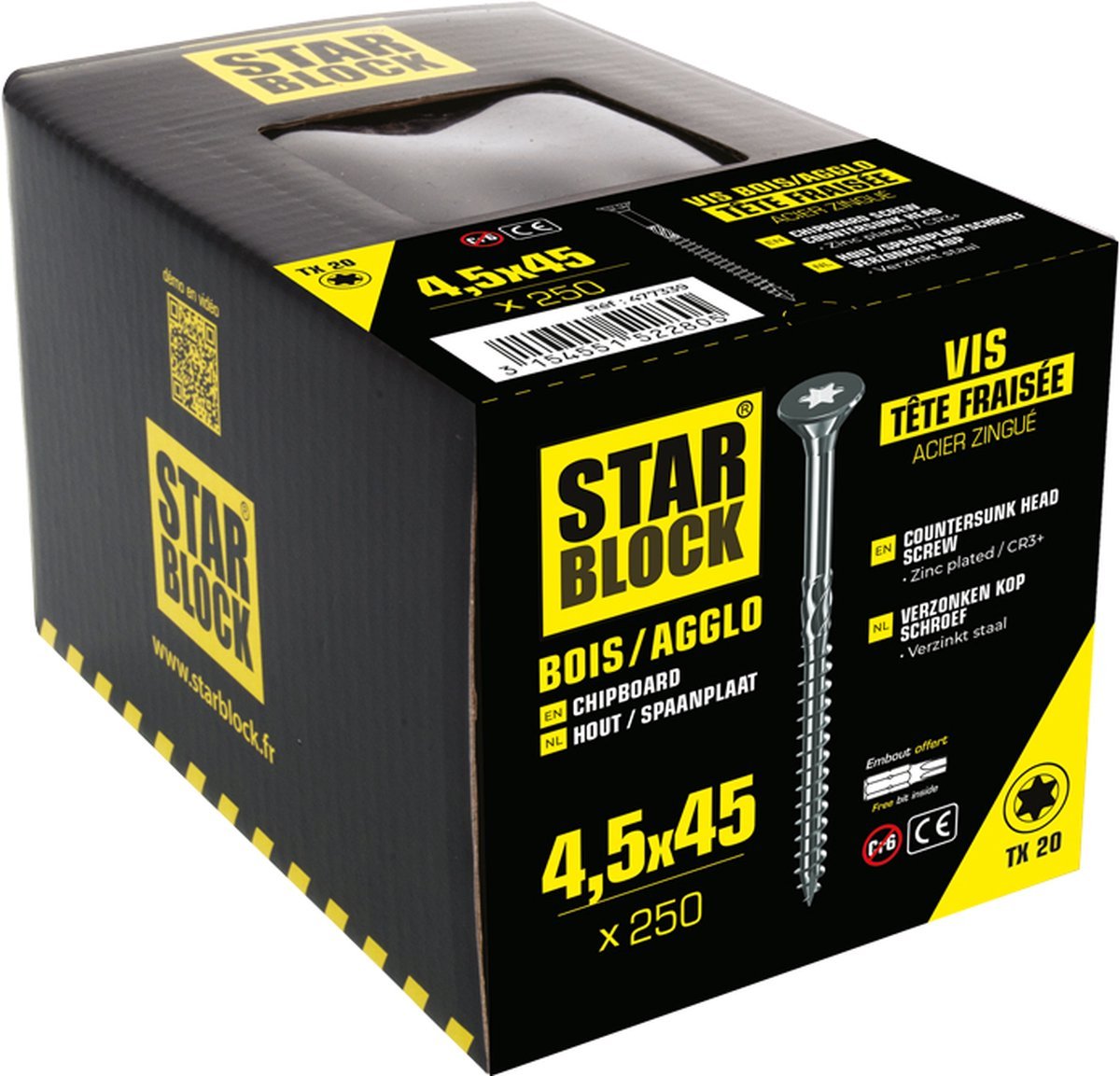 Starblock Hout - en Spaanplaatschroeven TX - 4,5x45mm - 250 stuks - Torx Schroef - TEKZEN