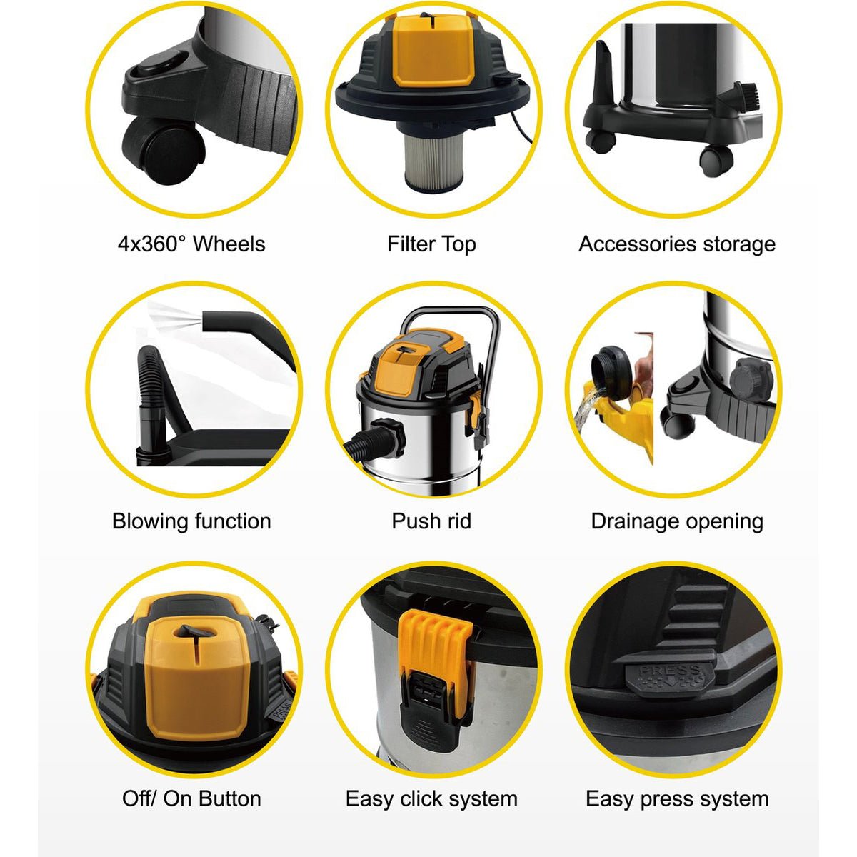 Stark's Stofzuiger - 3 - in - 1 - Nat en Droogzuiger - 1500W - Alleszuiger - 30L - Geel - TEKZEN