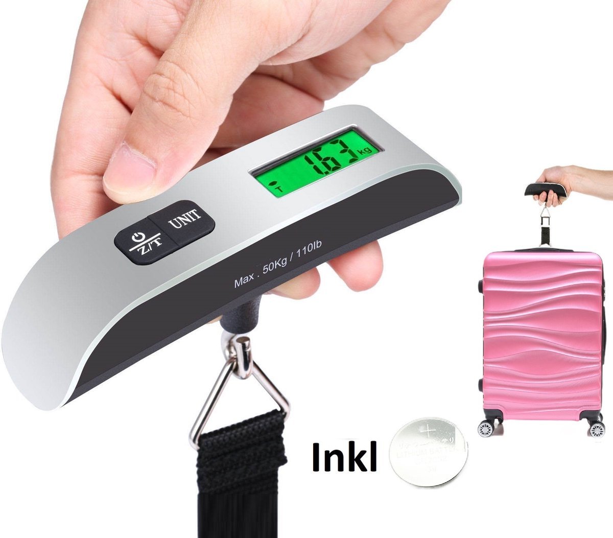 Traveleo Kofferweegschaal met Verlicht Scherm - Bagageweegschaal - Bagageweger - Hangweegschaal - Digital Luggage Scale - Kofferweger - Inclusief Batterij - TEKZEN