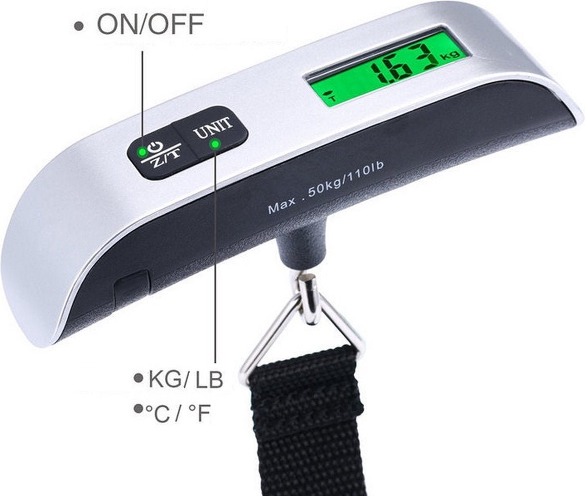 Traveleo Kofferweegschaal met Verlicht Scherm - Bagageweegschaal - Bagageweger - Hangweegschaal - Digital Luggage Scale - Kofferweger - Inclusief Batterij - TEKZEN