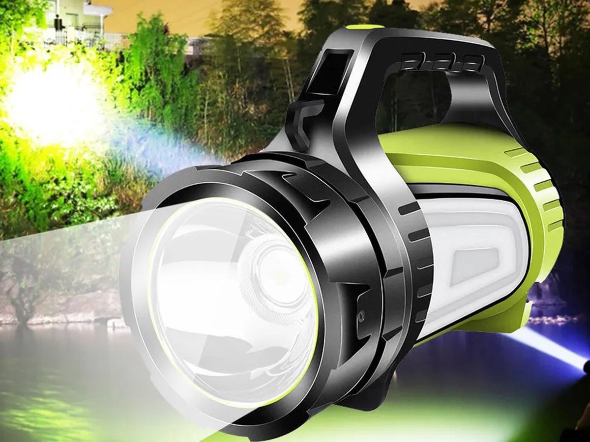 Verk Group Oplaadbare LED Zoeklicht Zaklamp met Powerbankfunctie – Voor Outdoor en Noodsituaties - Zwart/Groen - TEKZEN