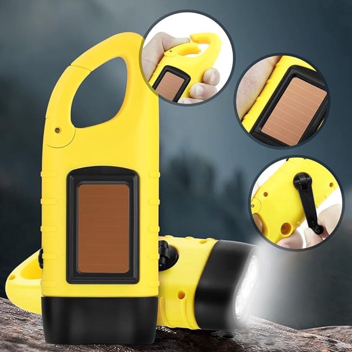 Verk Group Zonne - en Dynamo - zaklamp met 3 LED’s – Handmatig en Zonne - energie Aangedreven - Geel - TEKZEN