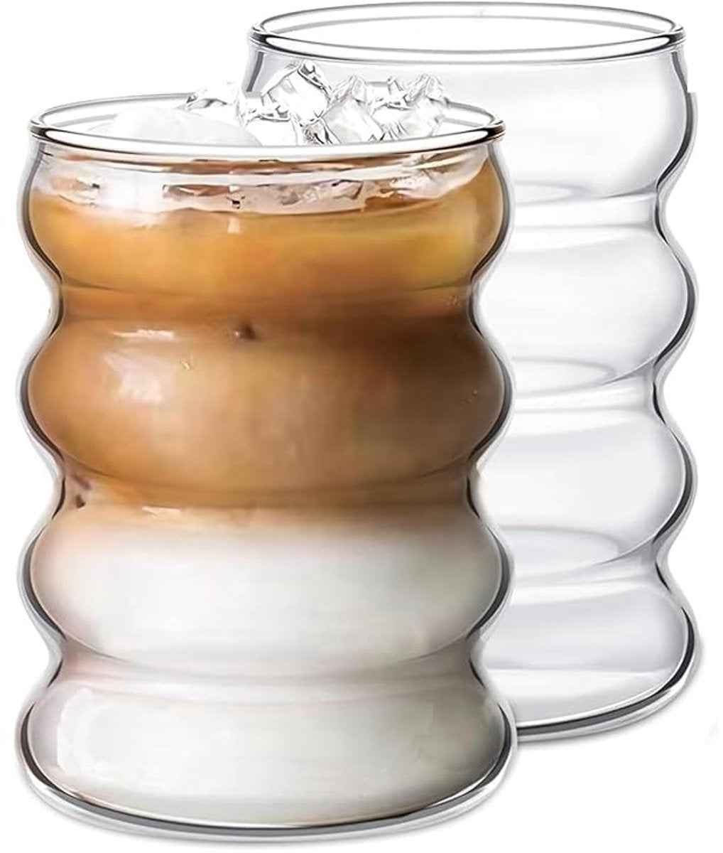 Glozini Wavy Bubbelglazen - 360ml - Set van 8 - Geribbelde Glazen - Bubble Glas - Esthetische Cocktailglazen