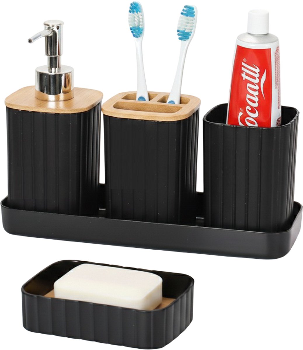 Cheffinger Badkameraccessoireset - 5-delig - Zwart - Zeepdispenser - Tandenborstelbeker - Zeepbakje - Beker - Houder