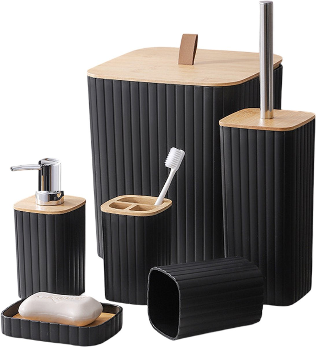 Cheffinger Badkameraccessoireset - 6-delig - Zwart - Zeepdispenser - Tandenborstelbeker - Zeepbakje - Beker - WC-borstel - Afvalemmer