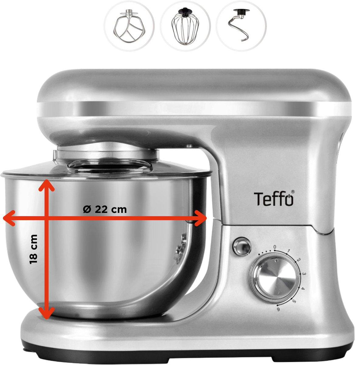 Teffo Stand Mixer - Keukenmixer - 5L - 1200W - 6 Standen - Mengkom, Garde, Deeghaak en Menghaak - RVS