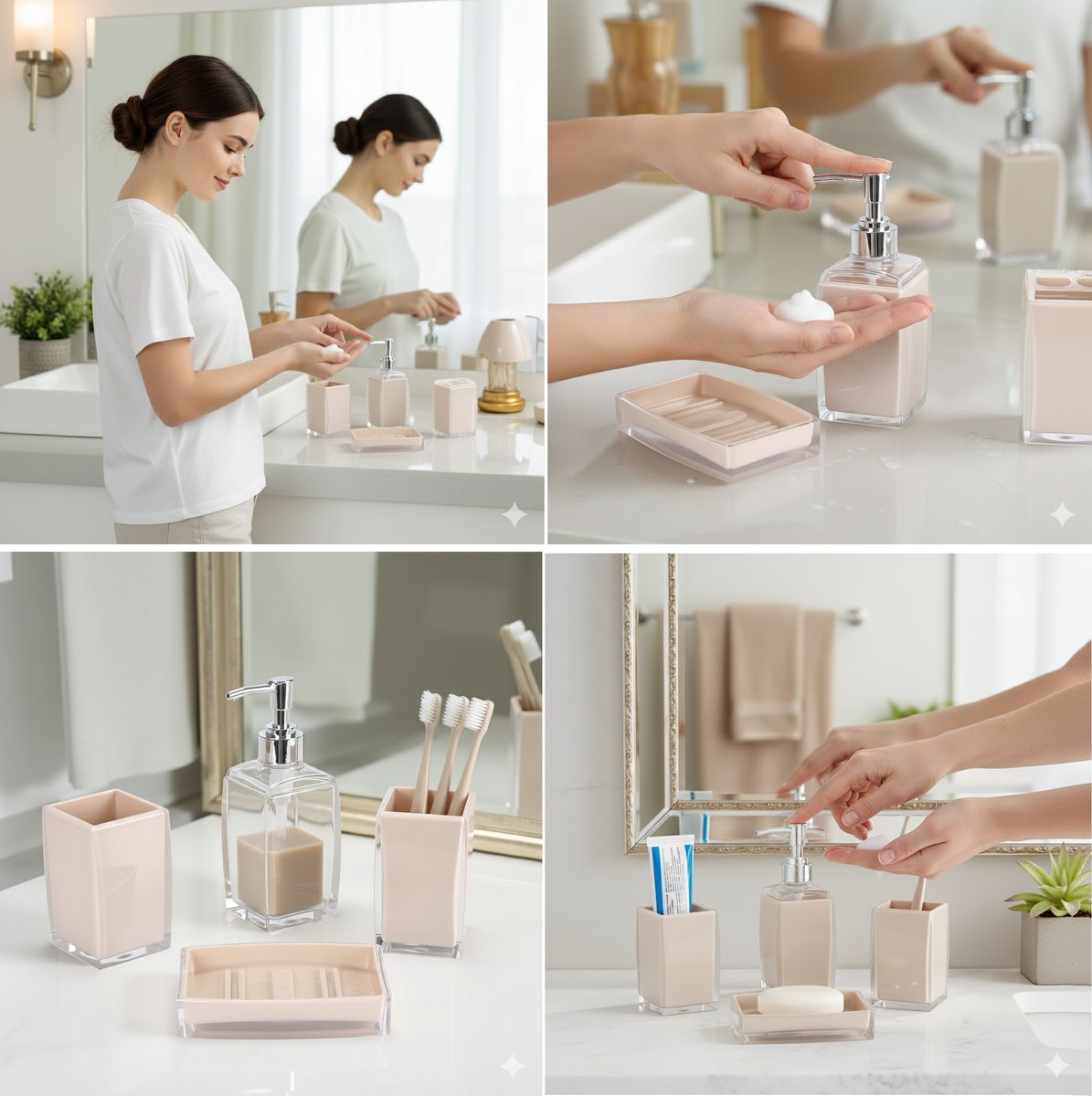 Cheffinger Badkameraccessoireset - 4-delig - Beige - Zeepdispenser - Tandenborstelbeker - Zeepbakje - Beker