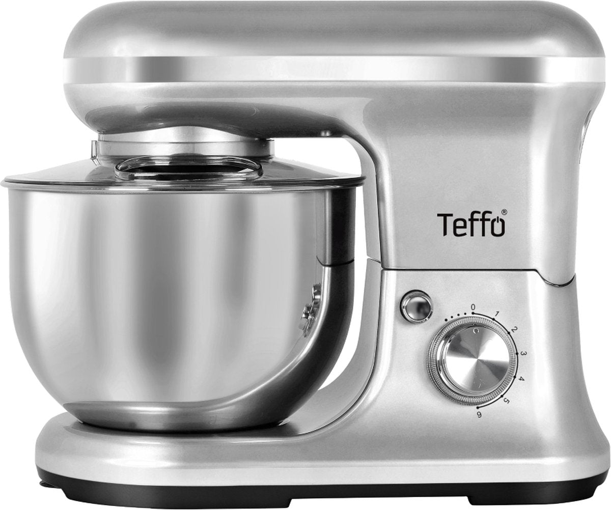 Teffo Stand Mixer - Keukenmixer - 5L - 1200W - 6 Standen - Mengkom, Garde, Deeghaak en Menghaak - RVS