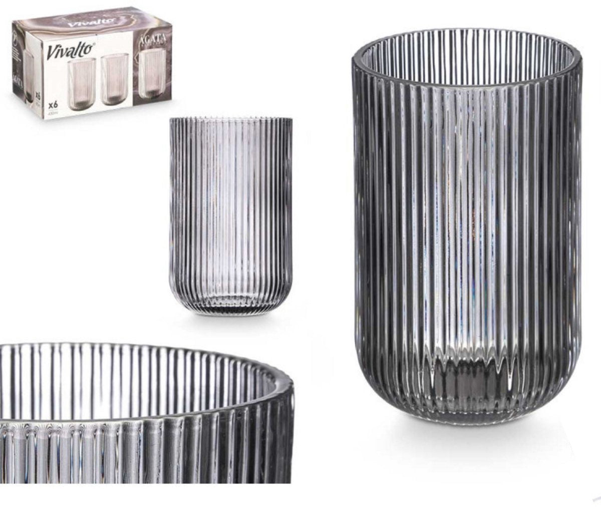 Vivalto Geribbelde Longdrinkglazen - Set van 6 - Zwart - 430ml - Waterglazen - Sapglazen