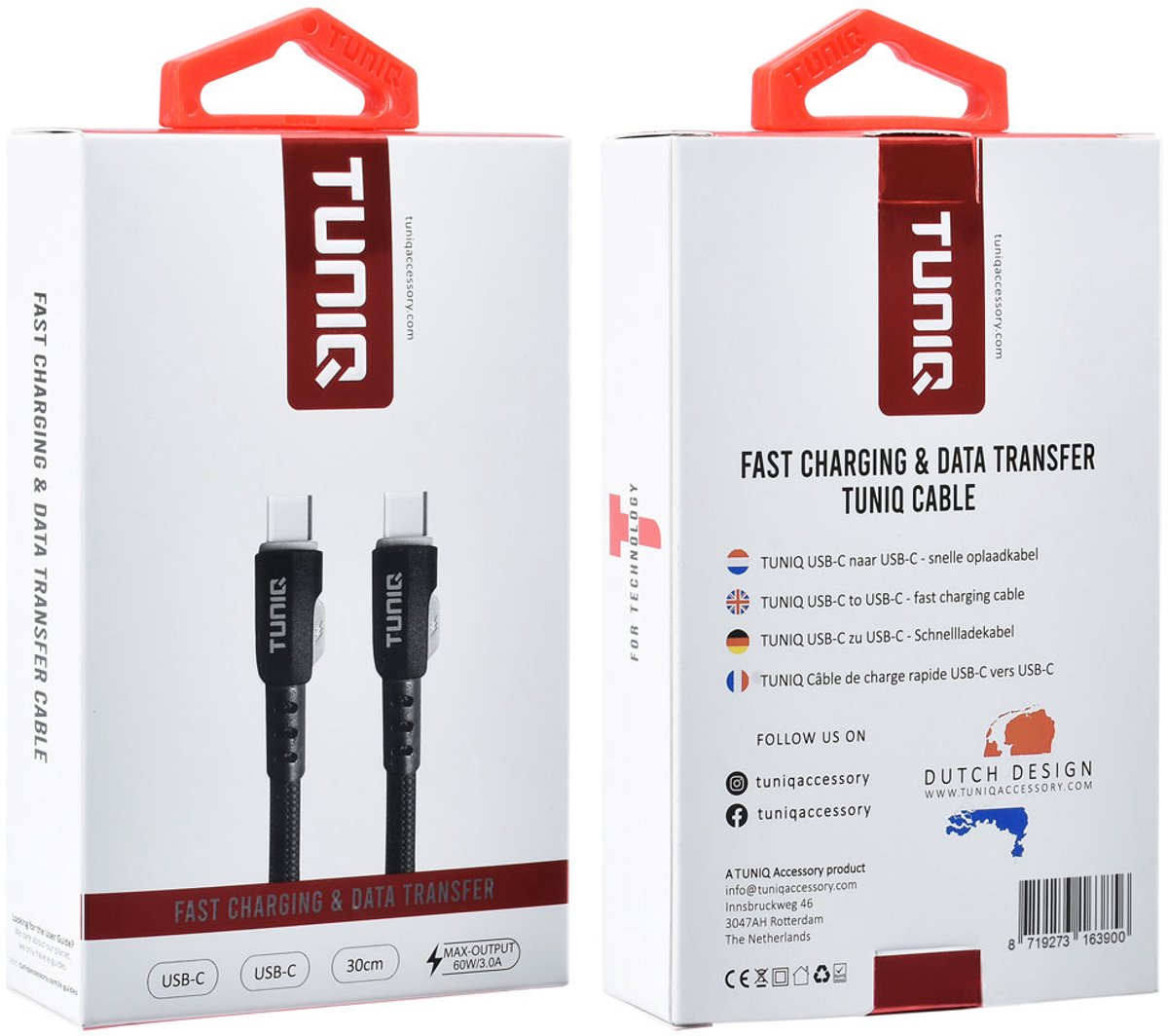 TUNIQ USB-C naar USB-C Kabel - 30cm - Snelle Oplaadkabel - Zwart