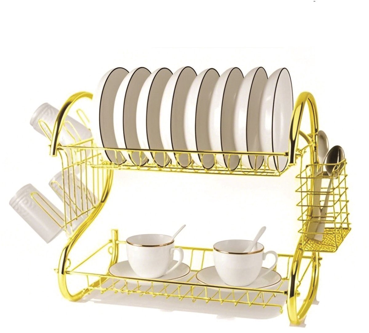 Cheffinger Afdruiprek met Lekbak - 2-laags - Goud - Afwas Druiprek Droogrek Met Bestekmand