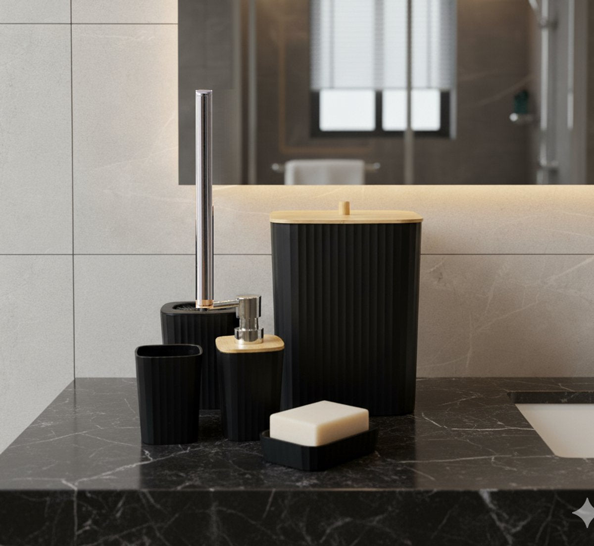 Cheffinger Badkameraccessoireset - 6-delig - Zwart - Zeepdispenser - Tandenborstelbeker - Zeepbakje - Beker - WC-borstel - Afvalemmer
