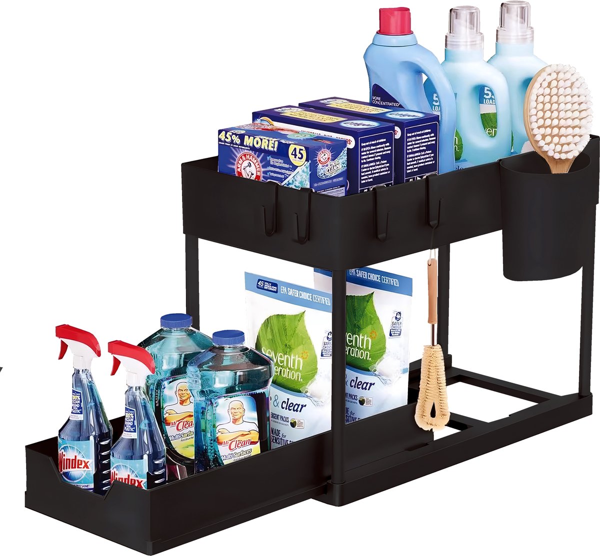 Nexxt Keukenkast Organizer - 2 Lagen - Rek met Uitschuifbare Lade - Inclusief Haakjes en Bakjes – Gootsteen Organizer - Zwart