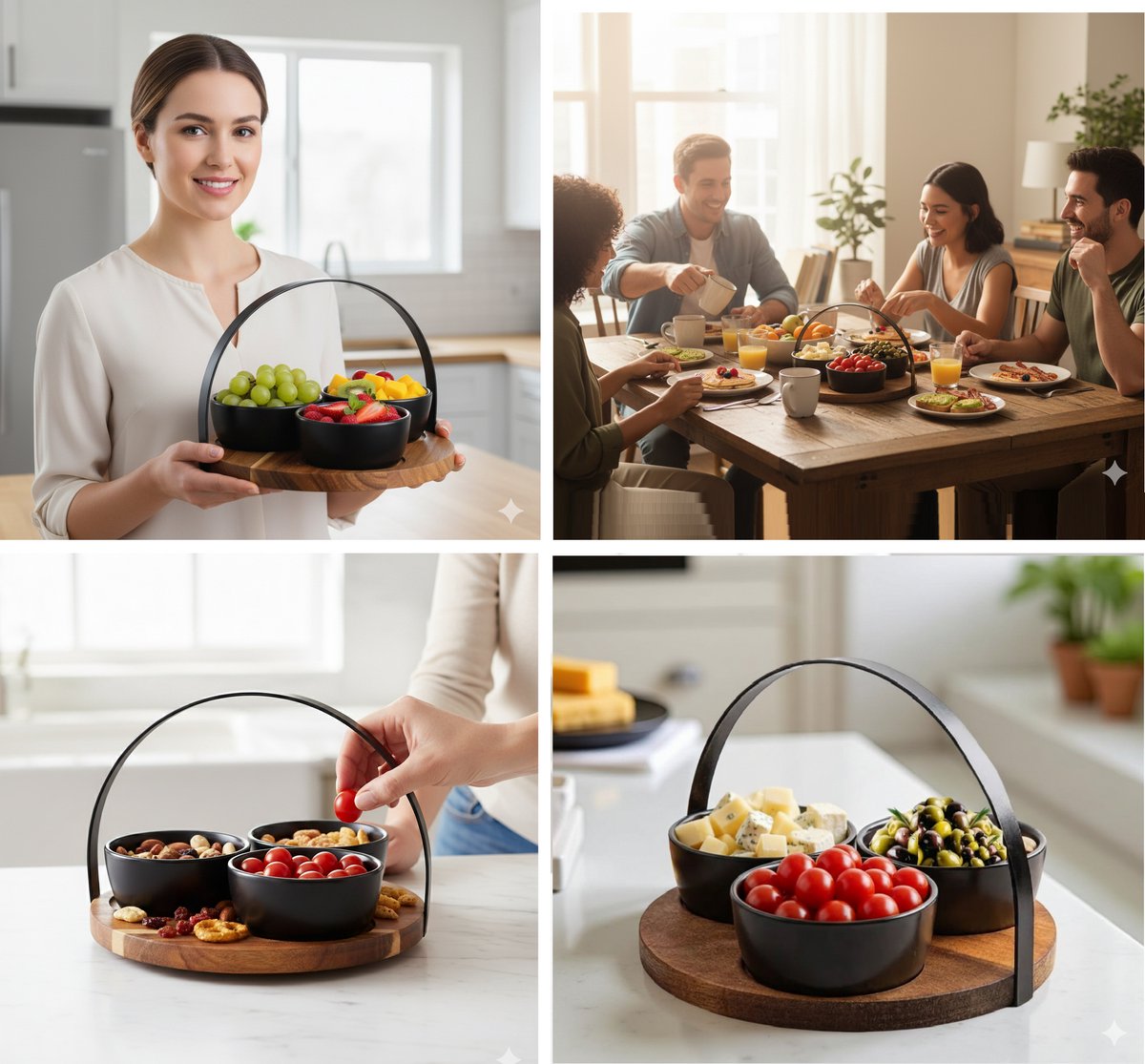 Cheffinger Snackschalen Set - 4-delig - Bamboe - Zwart - Serveerset