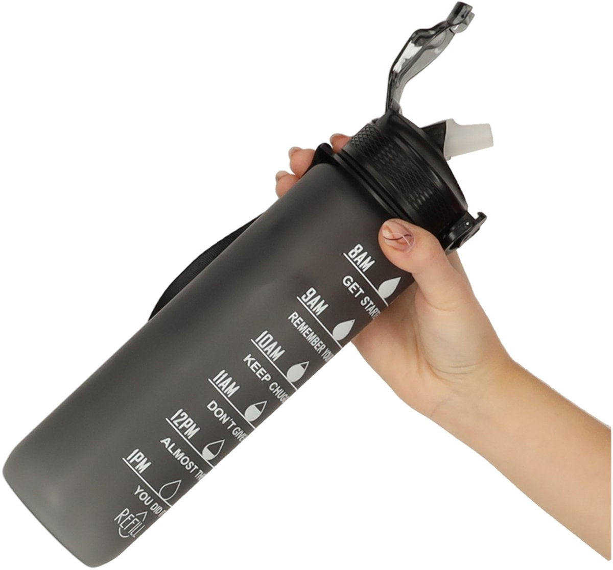 Hauskraft Motivatie Waterfles - Zwart - Drinkfles - Waterfles met Rietje - Waterfles met Tijdmarkering - 1L
