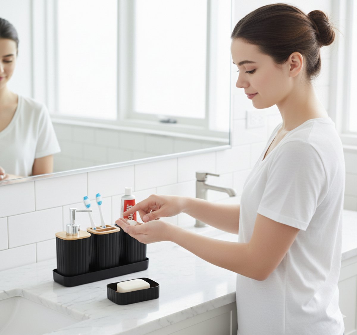 Cheffinger Badkameraccessoireset - 5-delig - Zwart - Zeepdispenser - Tandenborstelbeker - Zeepbakje - Beker - Houder