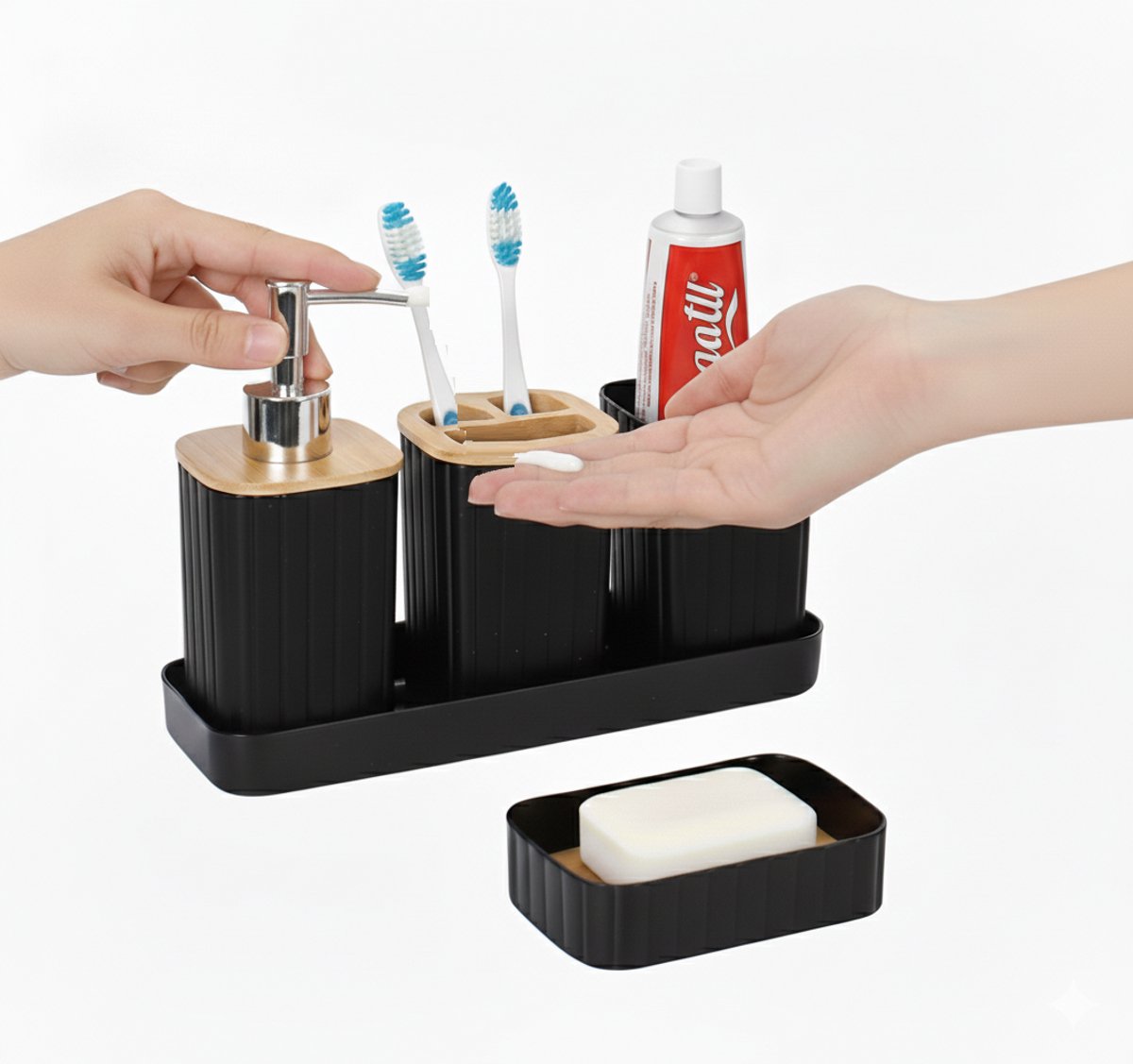 Cheffinger Badkameraccessoireset - 5-delig - Zwart - Zeepdispenser - Tandenborstelbeker - Zeepbakje - Beker - Houder