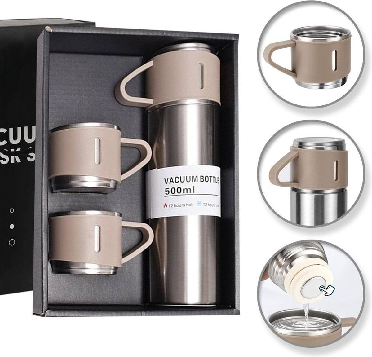 Hauskraft Thermosfles Set met 3 Bekers - 500ml - Zilver/Taupe - Koffie-to-go Beker