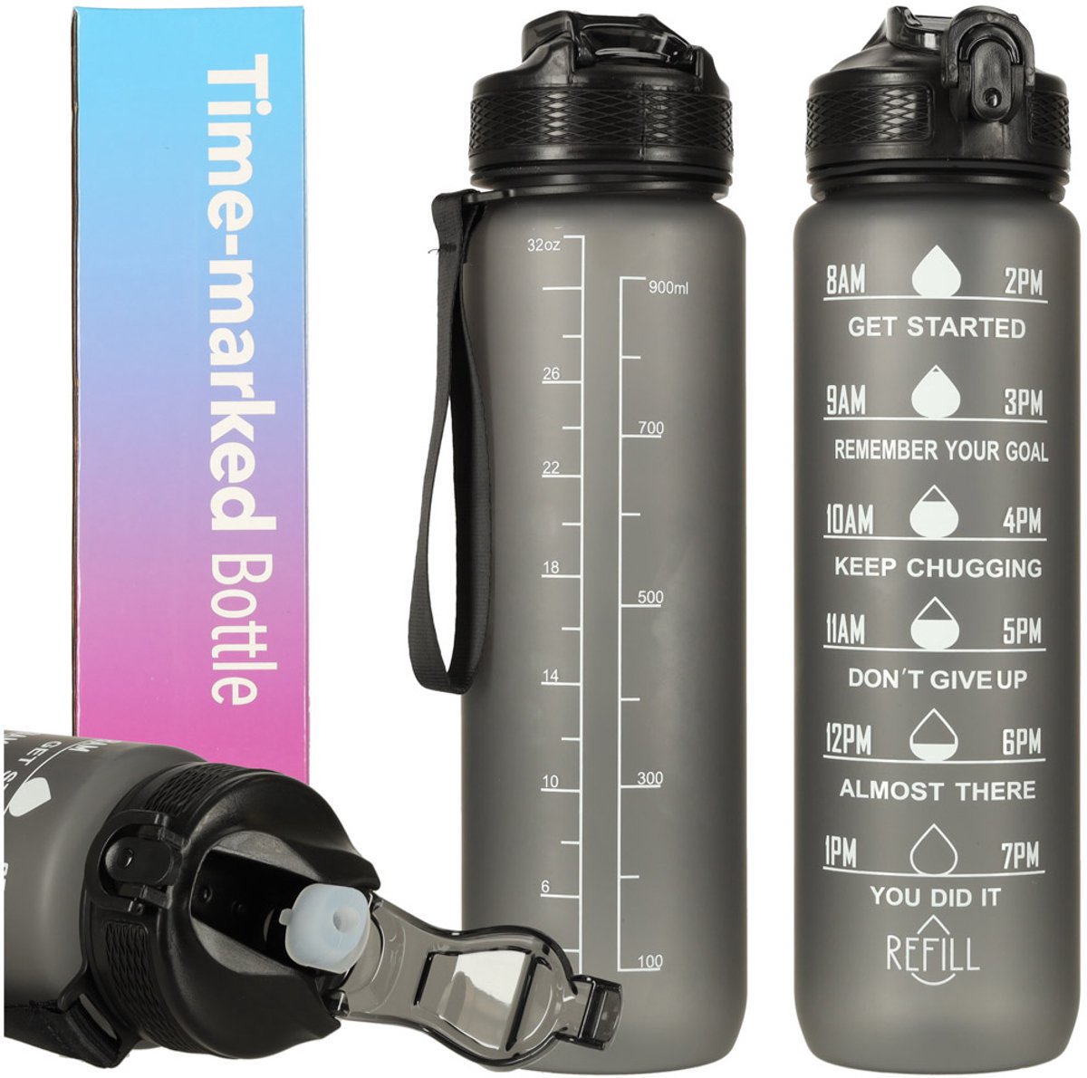 Hauskraft Motivatie Waterfles - Zwart - Drinkfles - Waterfles met Rietje - Waterfles met Tijdmarkering - 1L