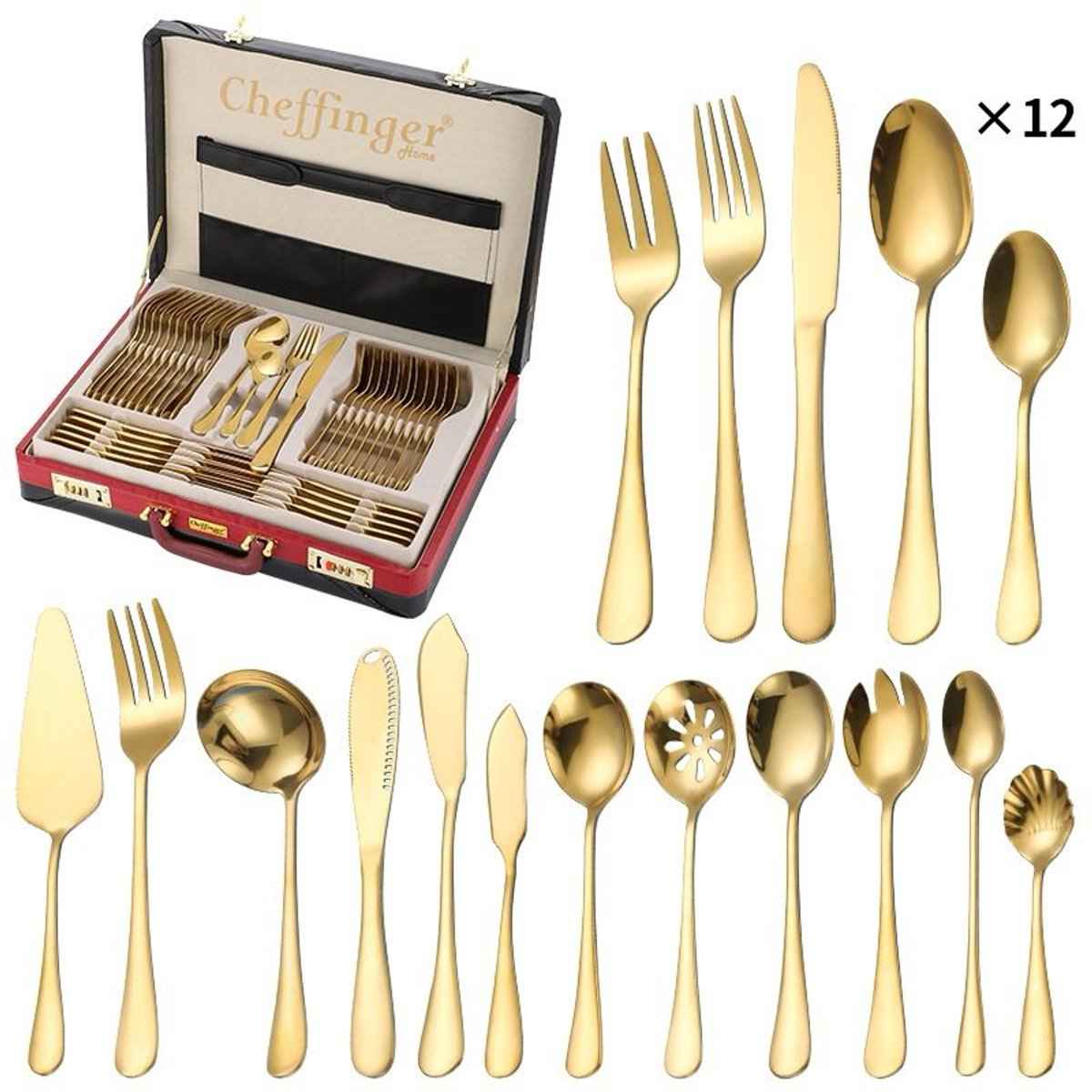 Cheffinger Bestekset incl. Koffer - 72-delig - Goud - RVS