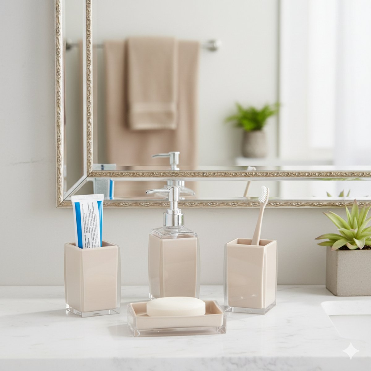 Cheffinger Badkameraccessoireset - 4-delig - Beige - Zeepdispenser - Tandenborstelbeker - Zeepbakje - Beker