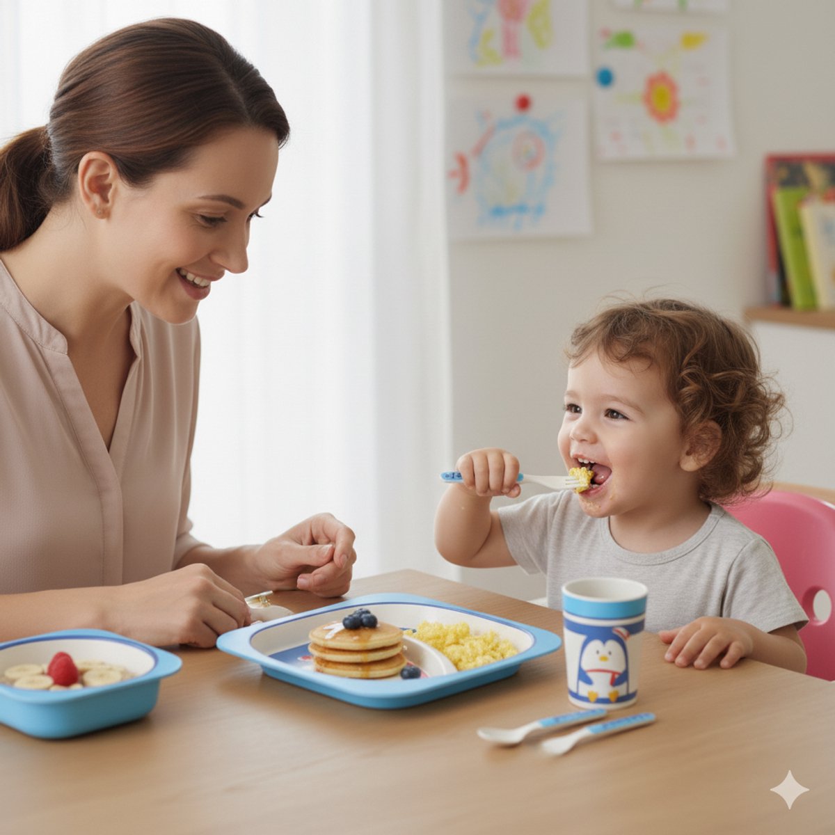 Cheffinger Kinderservies - Pinguïn - Bamboe - 5-delig - Blauw - Baby Servies - Kinderbestek