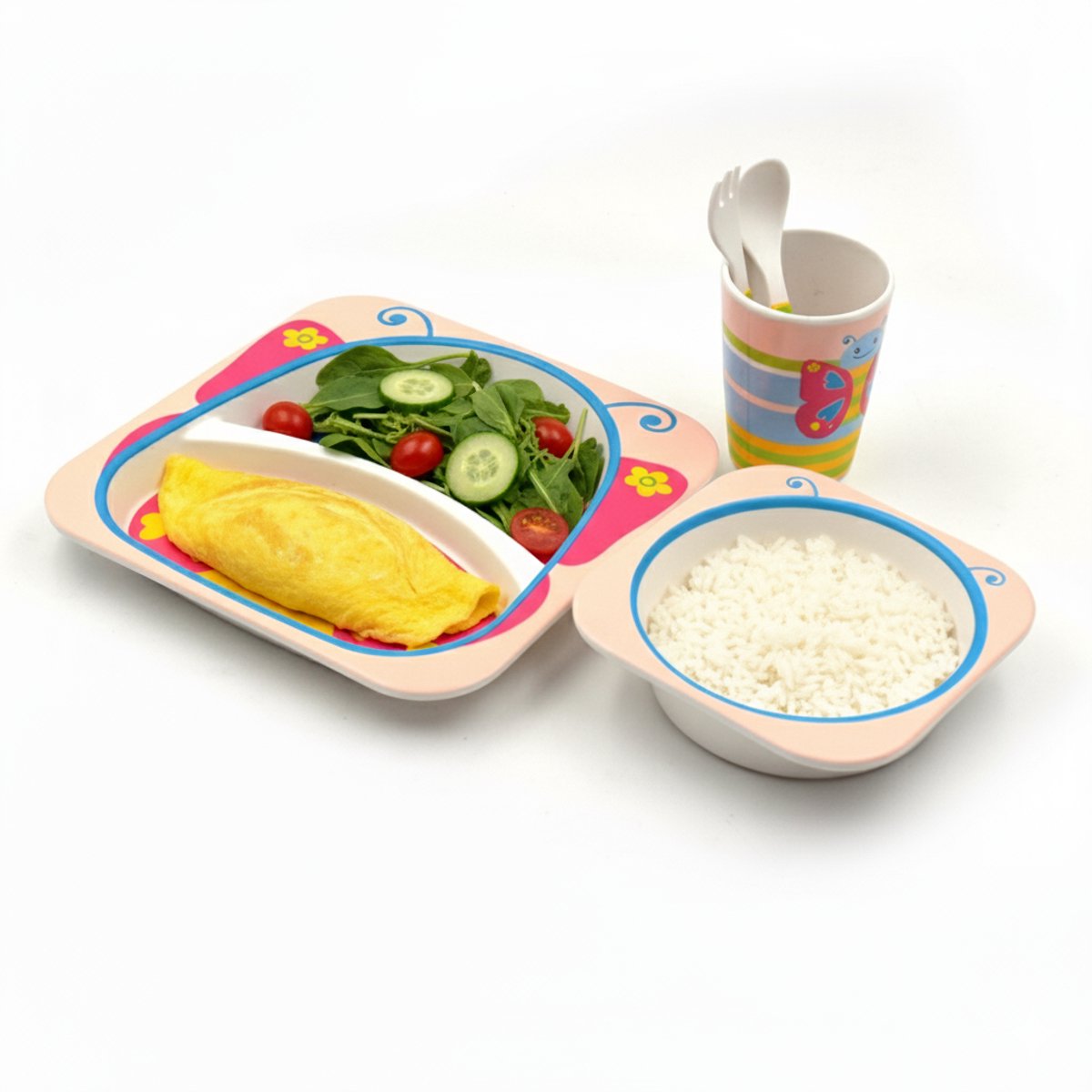 Cheffinger Kinderservies - Vlinder - Roze - 5-delig - Blauw - Baby Servies - Kinderbestek