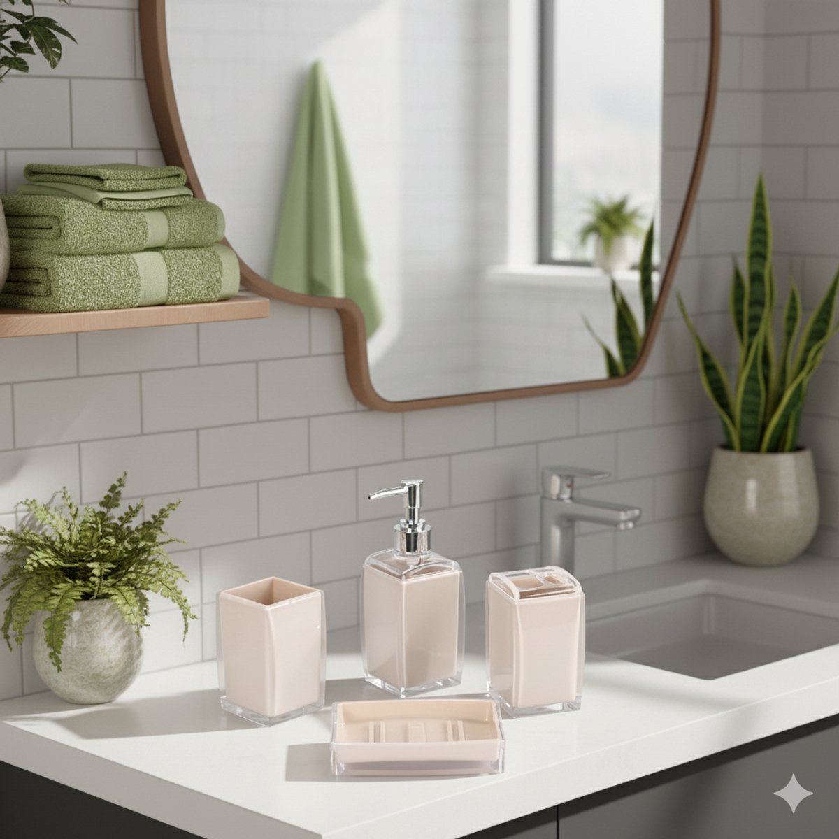 Cheffinger Badkameraccessoireset - 4-delig - Beige - Zeepdispenser - Tandenborstelbeker - Zeepbakje - Beker