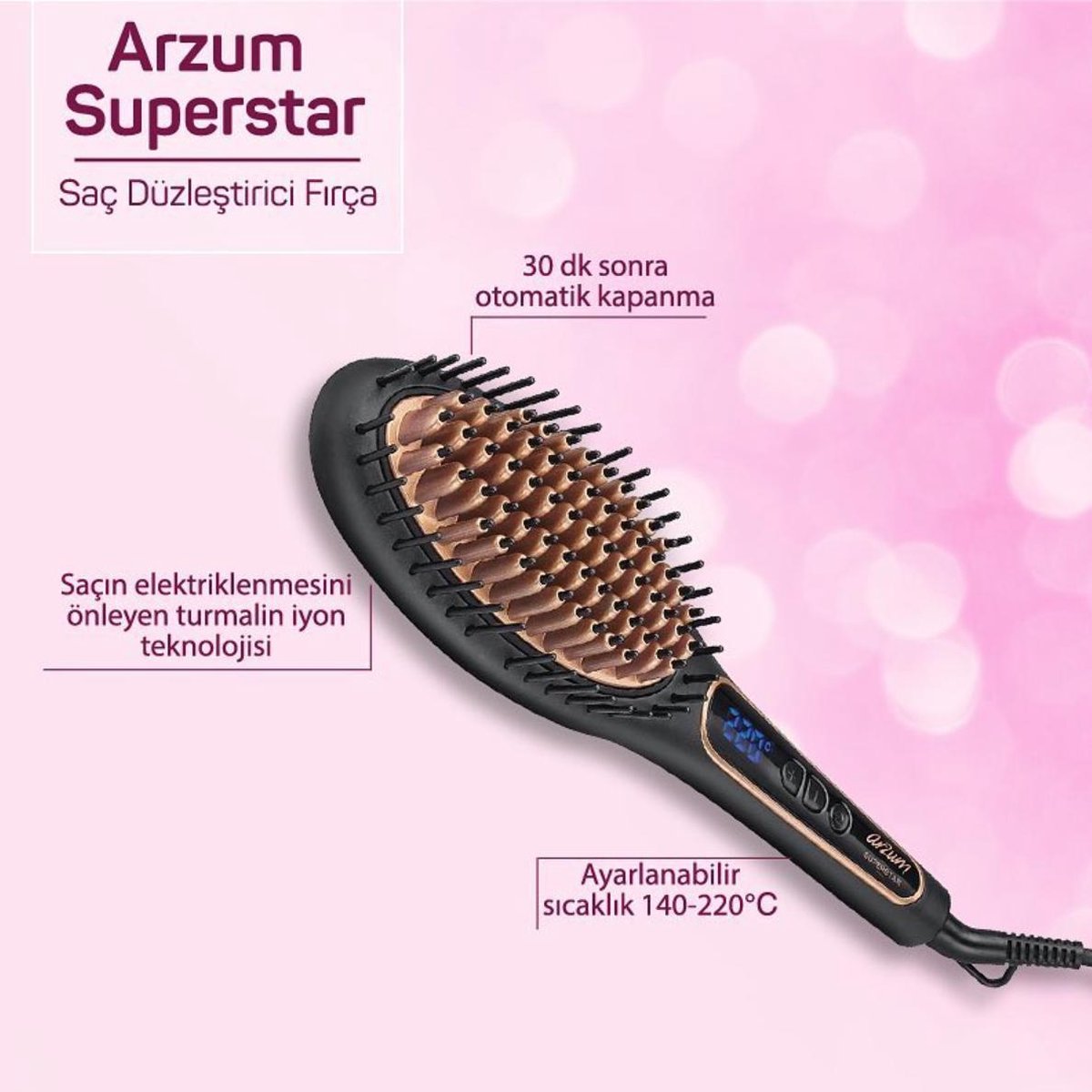 Arzum Superstar AR5036 - Stijlborstel - Zwart/Koper - Led Scherm - Keramische Coating - Toermalijn-Ionentechnologie - 140-220°C - 53W