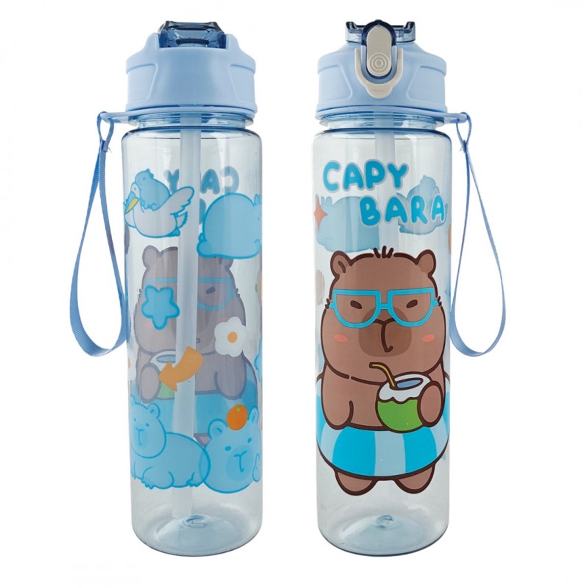 Hauskraft Waterfles Capybara - 800ml - Blauw - Drinkfles - Waterfles met Rietje