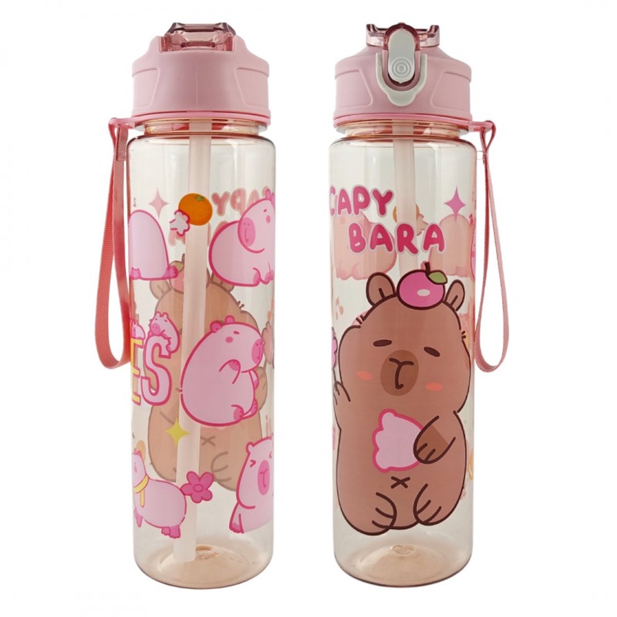 Hauskraft Waterfles Capybara - 800ml - Roze - Drinkfles - Waterfles met Rietje