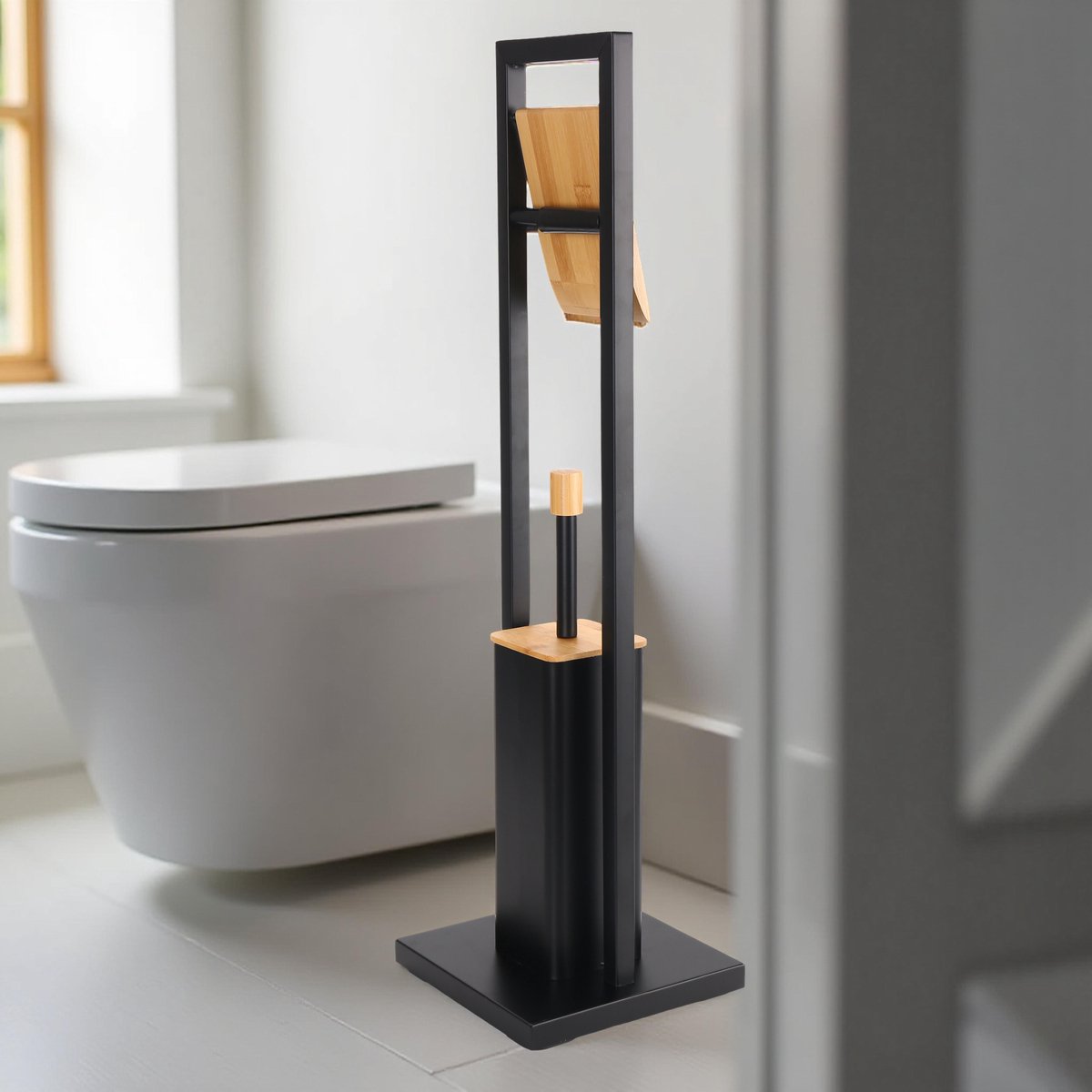 Cheffinger Badkamerset - 2-in-1 - WC-Borstel en Toiletrolhouder - Zwart