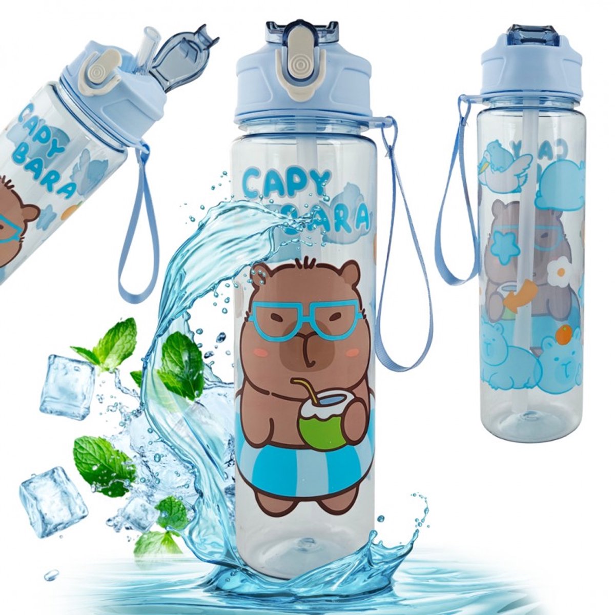 Hauskraft Waterfles Capybara - 800ml - Blauw - Drinkfles - Waterfles met Rietje