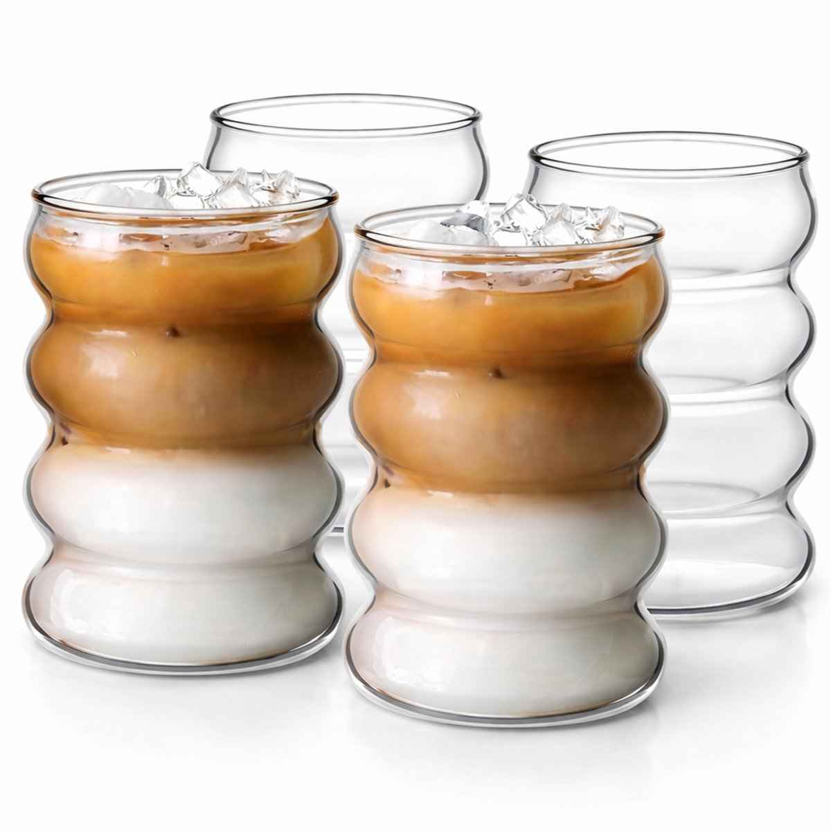 Glozini Wavy Bubbelglazen - 360ml - Set van 4 - Geribbelde Glazen - Bubble Glas - Esthetische Cocktailglazen