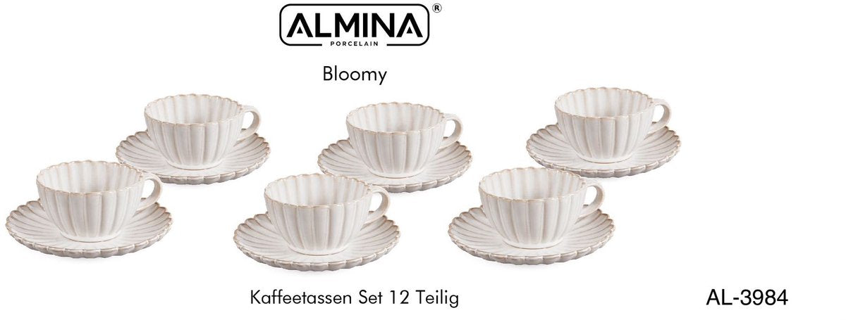 Almina Bloomy - Koffieset - 12-delig - Wit - 220ml - Porselein - Koffiekopjes